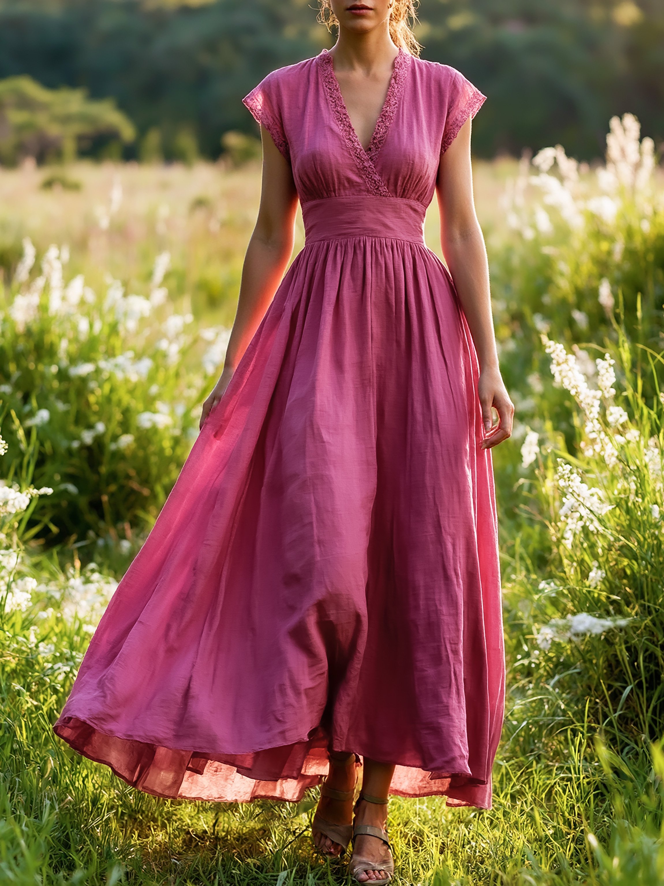 Maxi Linen Dress , Cap Sleeves, V Neck, Plain, Lace, Vintage, Rose Red