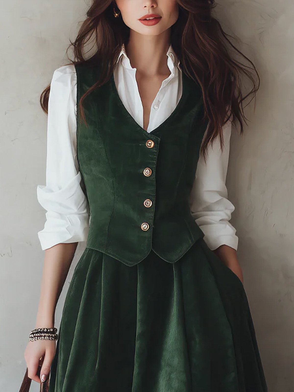 Cotton Vest (Shirt and Skirt Not Included), Sleeveless, V Neck, Plain, Button Design, Vintage, Green