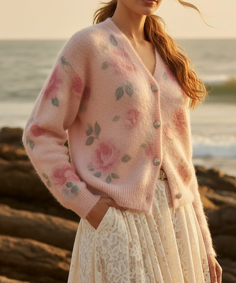 Cashmere Cardigan, Long Sleeves, V Neck, Floral, Button Design, Vintage, Pink