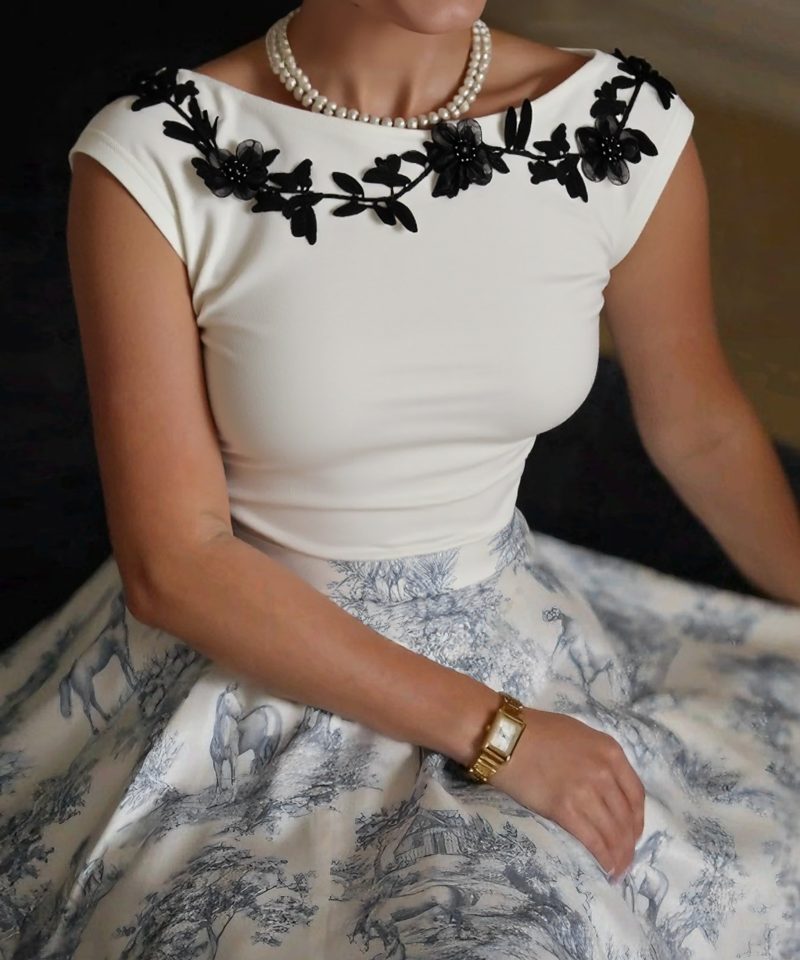 Cotton Knit Tee, Short Sleeves, Plain, 3D Floral, French Vintage, Ivory