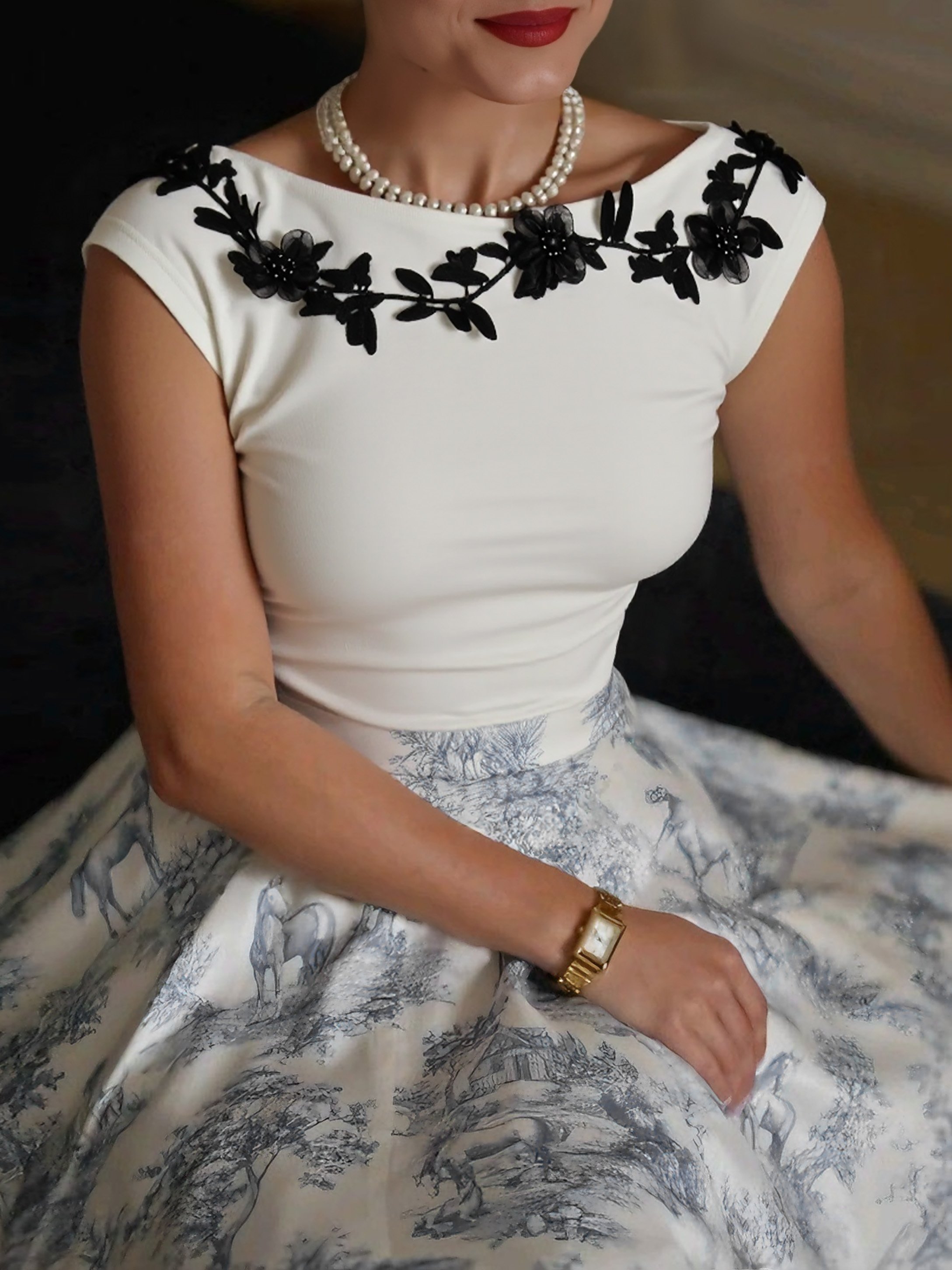 Cotton Knit Tee, Short Sleeves, Plain, 3D Floral, French Vintage, Ivory