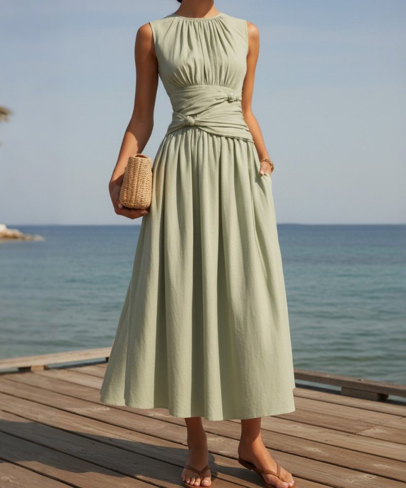 Maxi Linen Dress, Sleeveless, Round Neck, Plain, French Vintage, Green