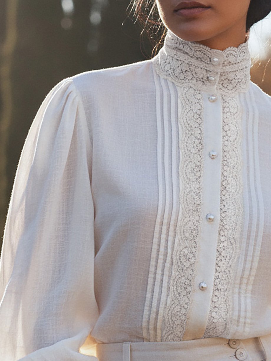 Linen Shirt, Long Sleeves, Stand Collar, Plain, Lace, Vintage, Ivory - Image 3
