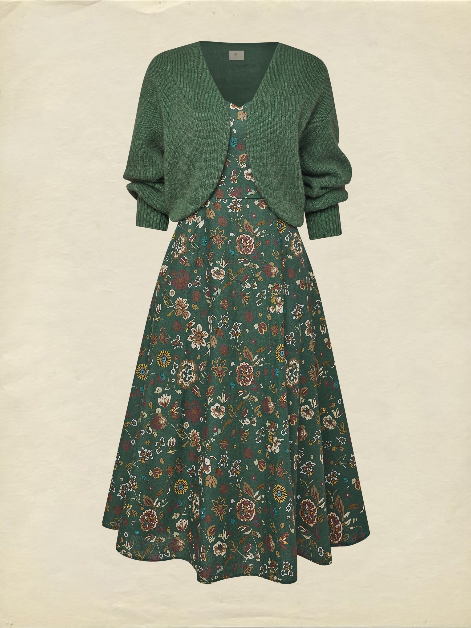 Midi Linen Dress, Long Sleeves, Square Neck, Paisley, Vintage, Green - Image 5