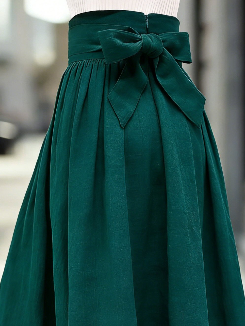 Maxi Linen Skirt, Plain, Bow, Vintage, Cyan - Image 2