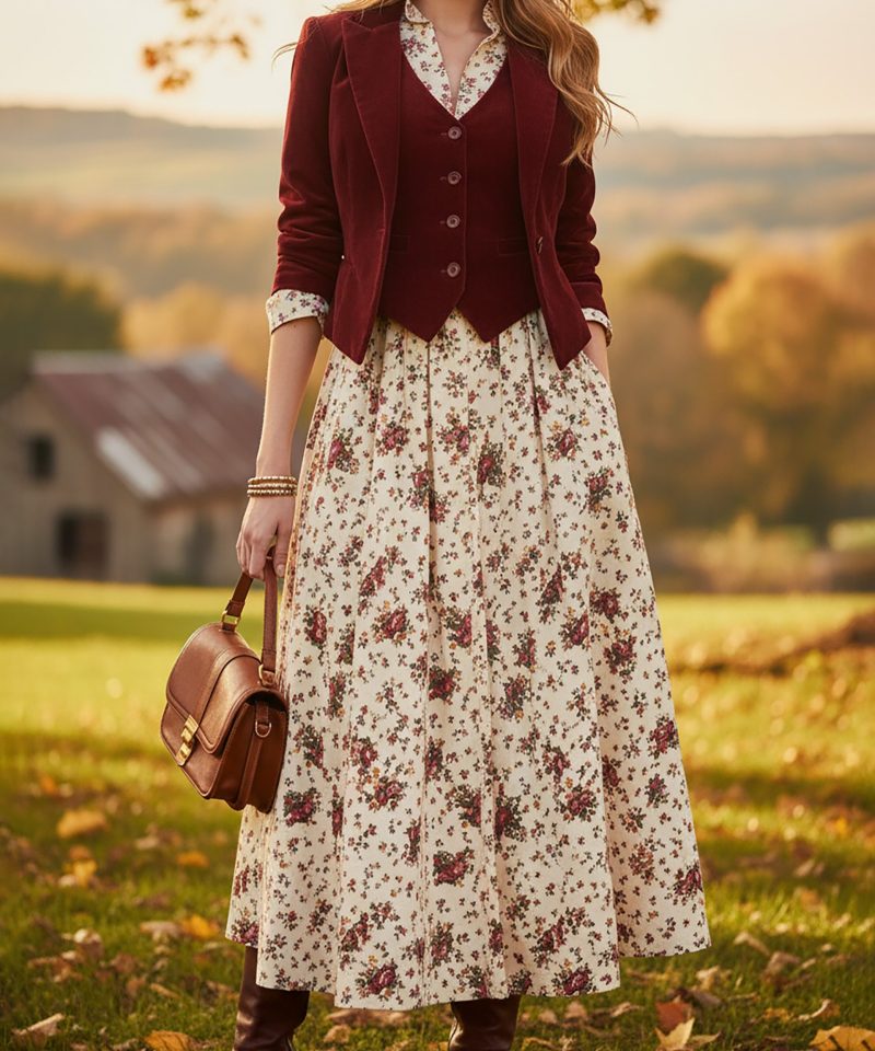 Cotton Blazer (Dress and Vest Not Included), Long Sleeves, Lapel Collar, Button Design, Vintage, Red