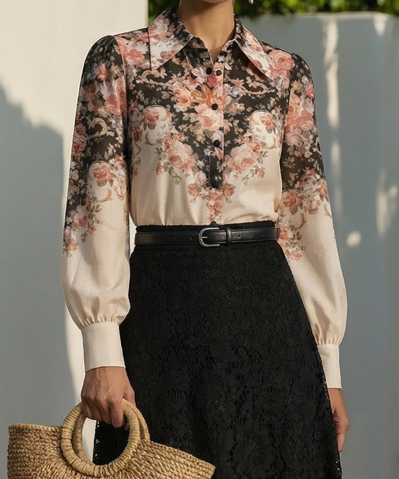 Cotton Shirt, Long Sleeves, Shawl Collar, Floral, Button Design, Vacation, Vintage, Apricot