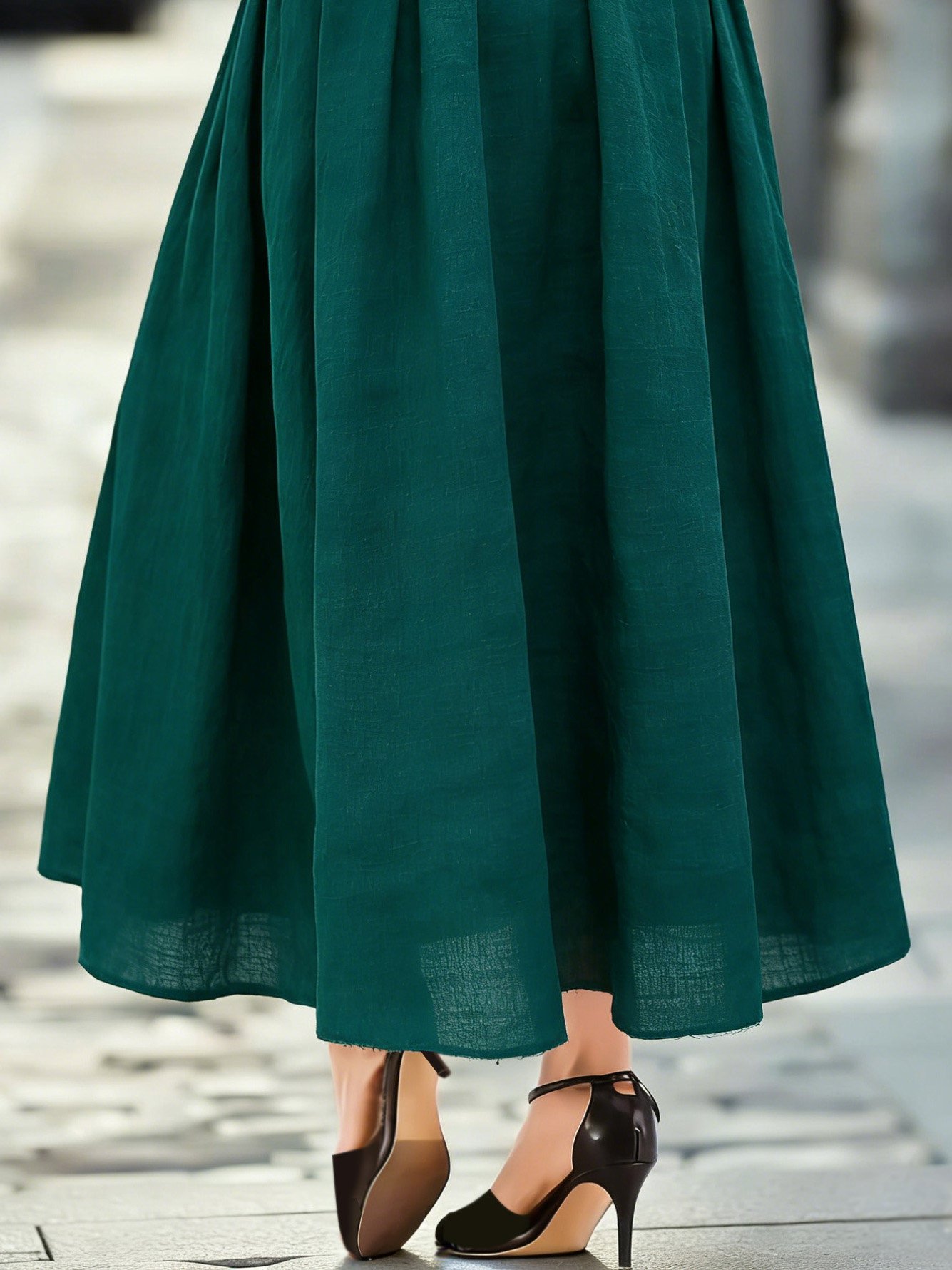 Maxi Linen Skirt, Plain, Bow, Vintage, Cyan - Image 3