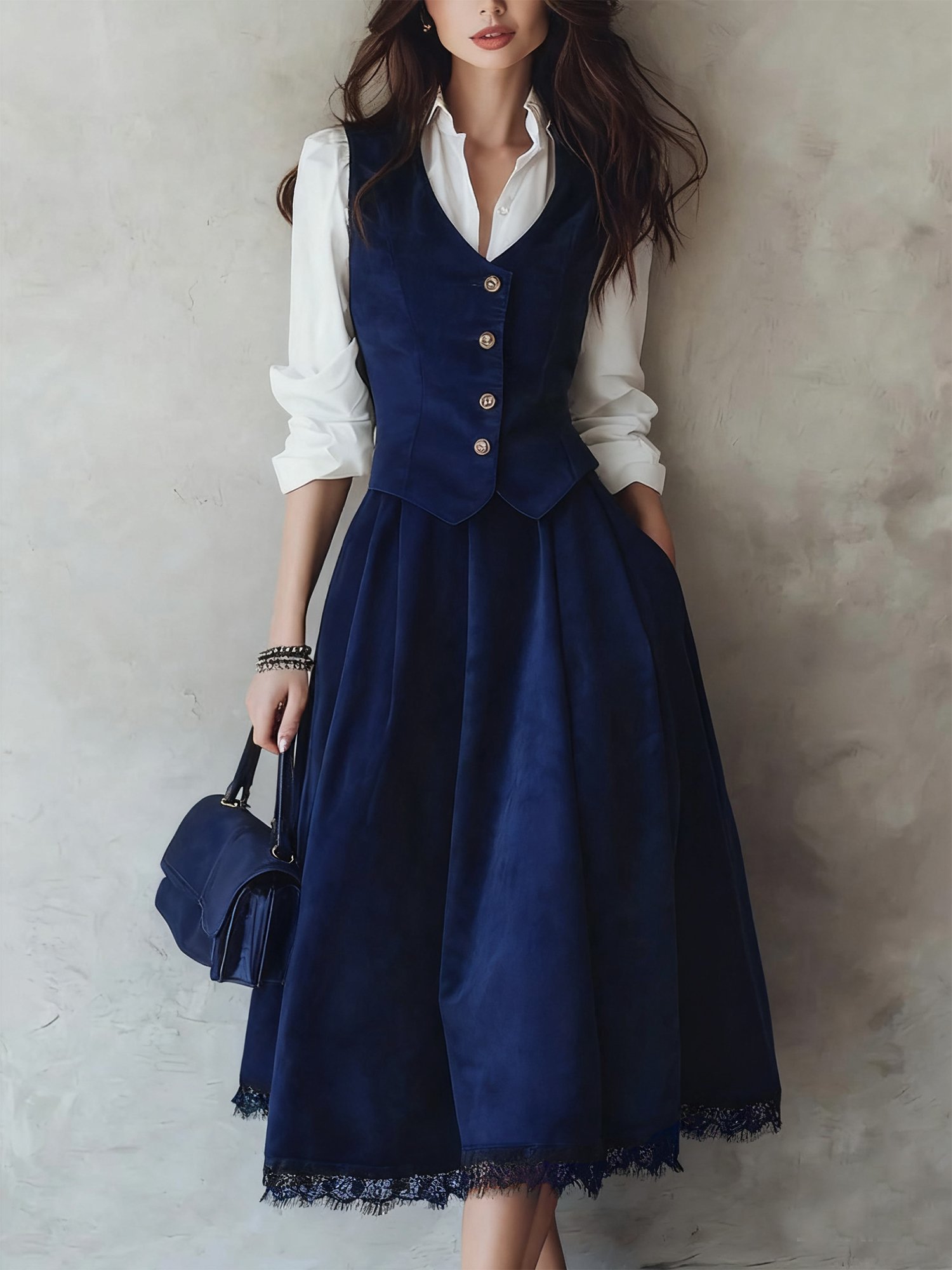 Cotton Vest (Shirt and Skirt Not Included), Sleeveless, V Neck, Plain, Button Design, Vintage, Green - Image 12