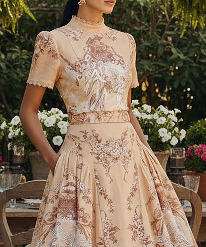 Cotton Shirt, Short Sleeves, Stand Collar, Angel, Lace, Vintage, Caramel