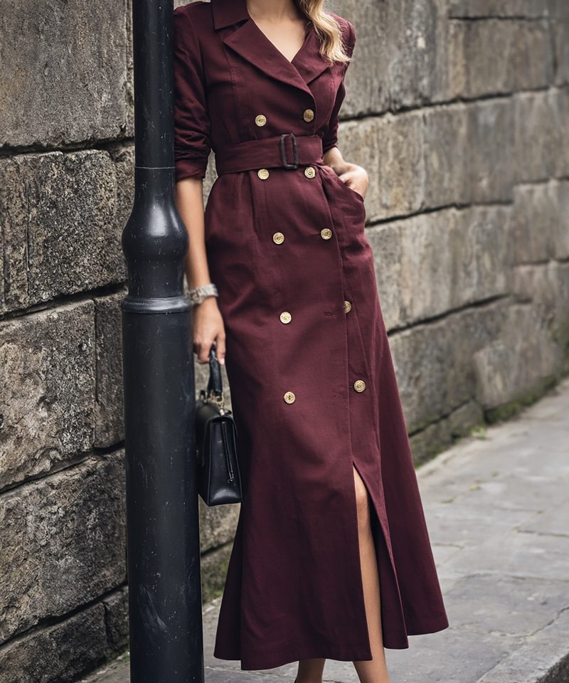 Maxi Cotton Trench Coat, Long Sleeves, Lapel Collar, Plain, Button Design, Vintage, Wine Red