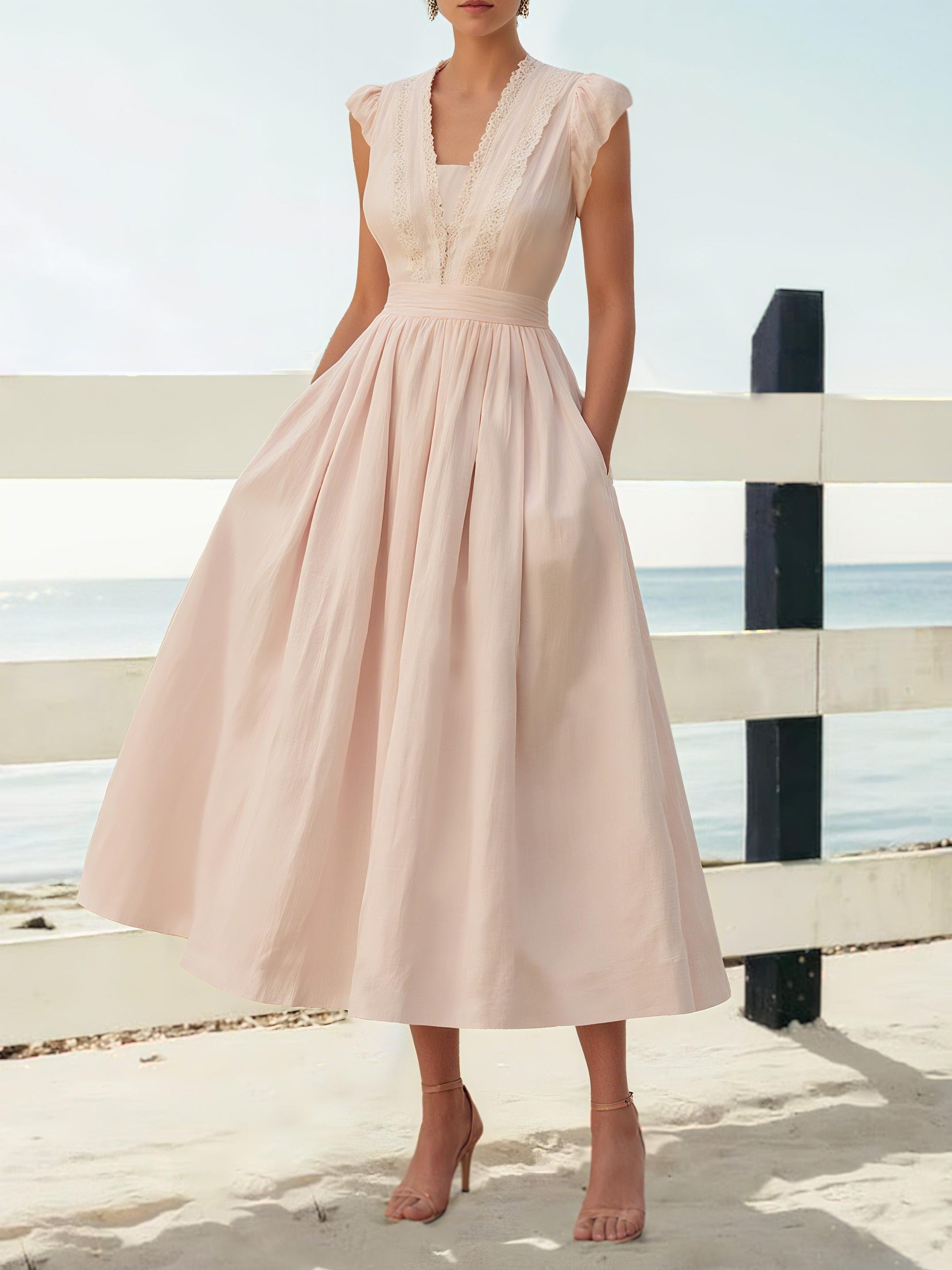 Linen Midi Dress, Short Sleeve, Lace Collar, Plain, Vintage, Light Pink