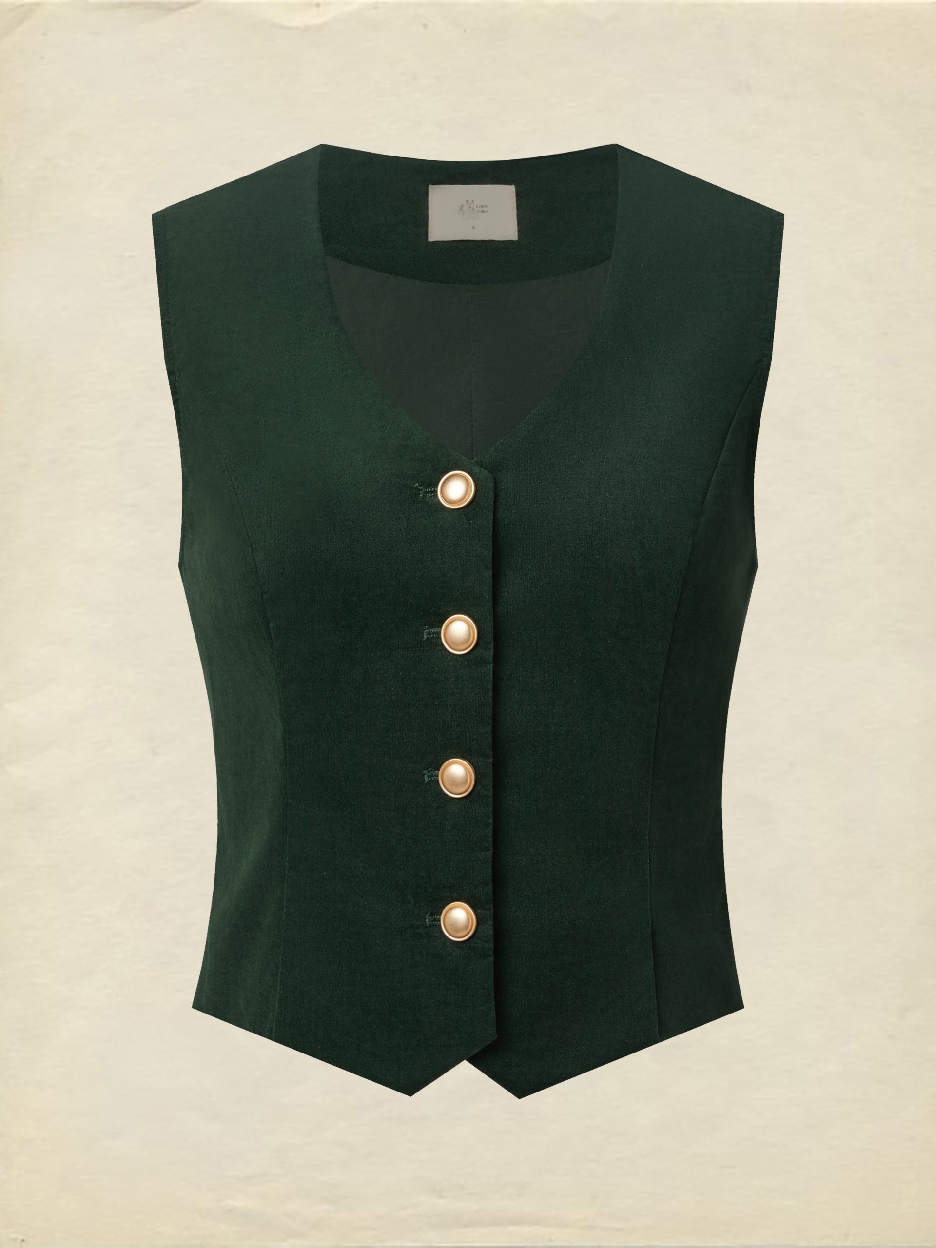 Cotton Vest (Shirt and Skirt Not Included), Sleeveless, V Neck, Plain, Button Design, Vintage, Green - Image 2