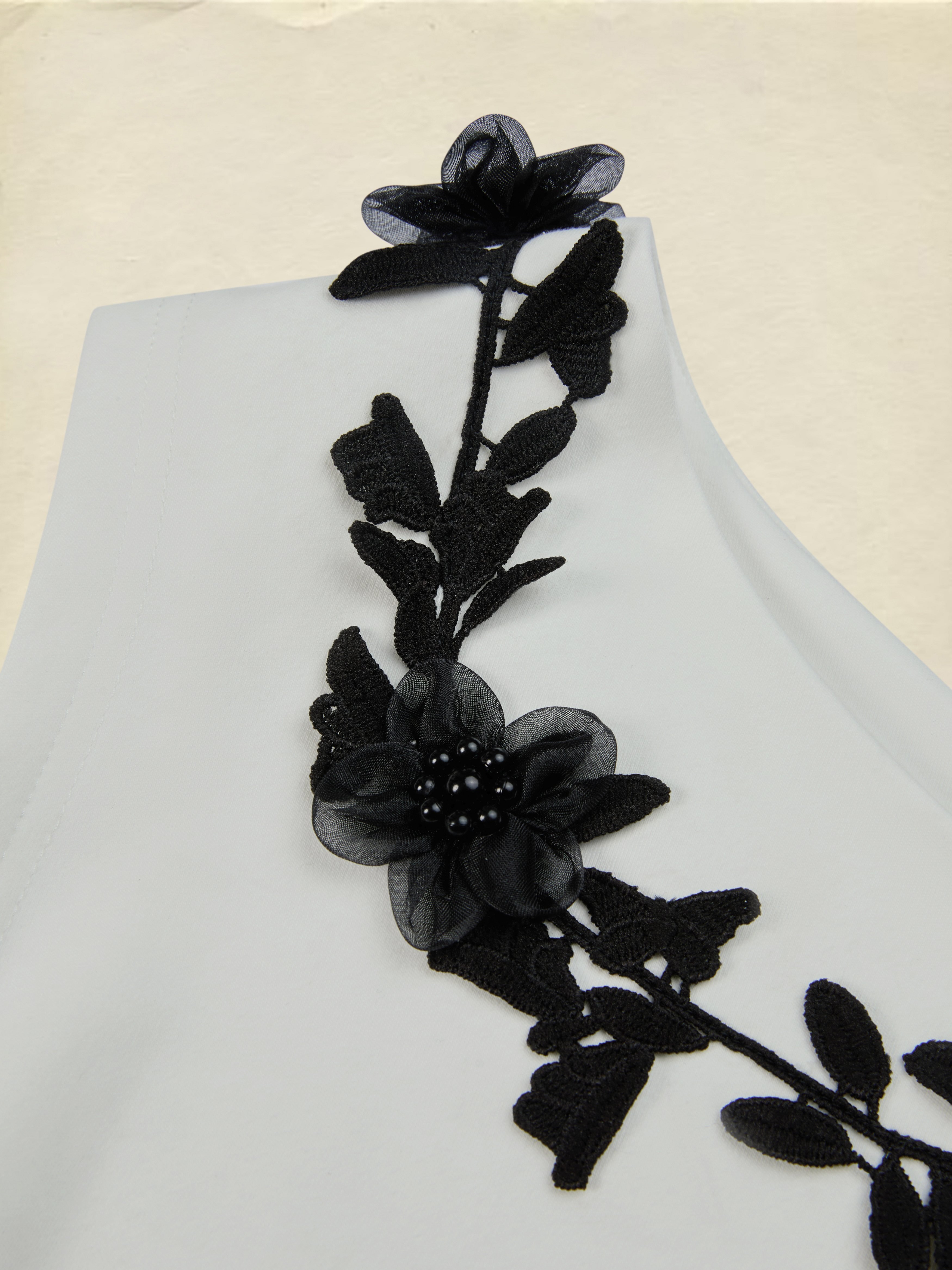 Cotton Knit Tee, Short Sleeves, Plain, 3D Floral, French Vintage, Ivory - Image 4