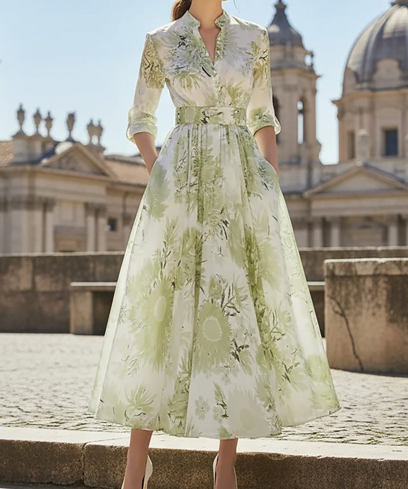 Maxi Linen Dress, Half Sleeve, Stand Collar, Floral, Vacation, Vintage, Lightgreen