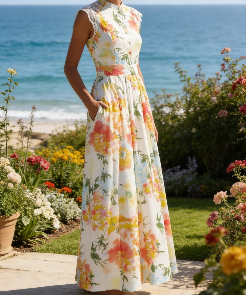 Maxi Cotton Dress, Sleeveless, V Neck, Plain, Lace, Vintage, White