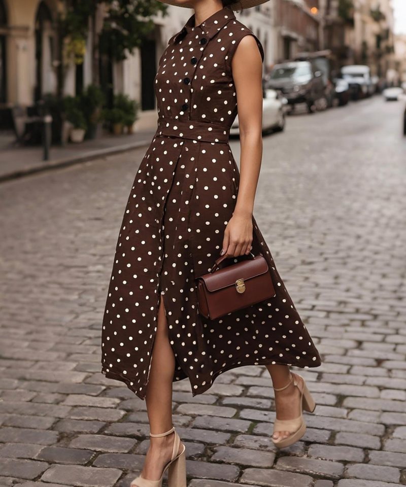 Midi Cotton Dress , Sleeveless, Shawl Collar, Polka Dots, Button Design, French Vintage, Coffee