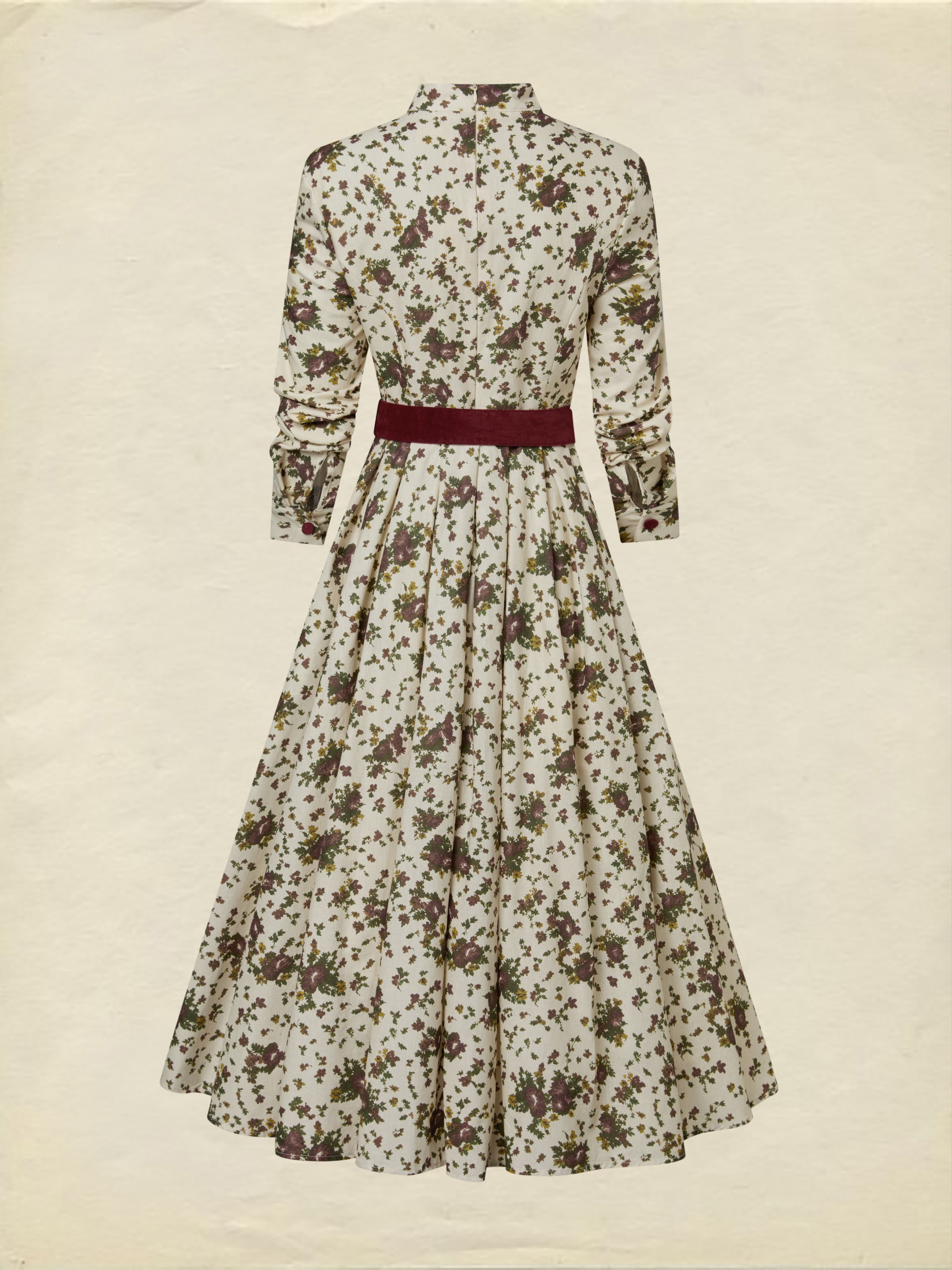 Midi Linen Dress, Long Sleeves, Shawl Collar, Floral, Belt Design, Vintage, Apricot - Image 6