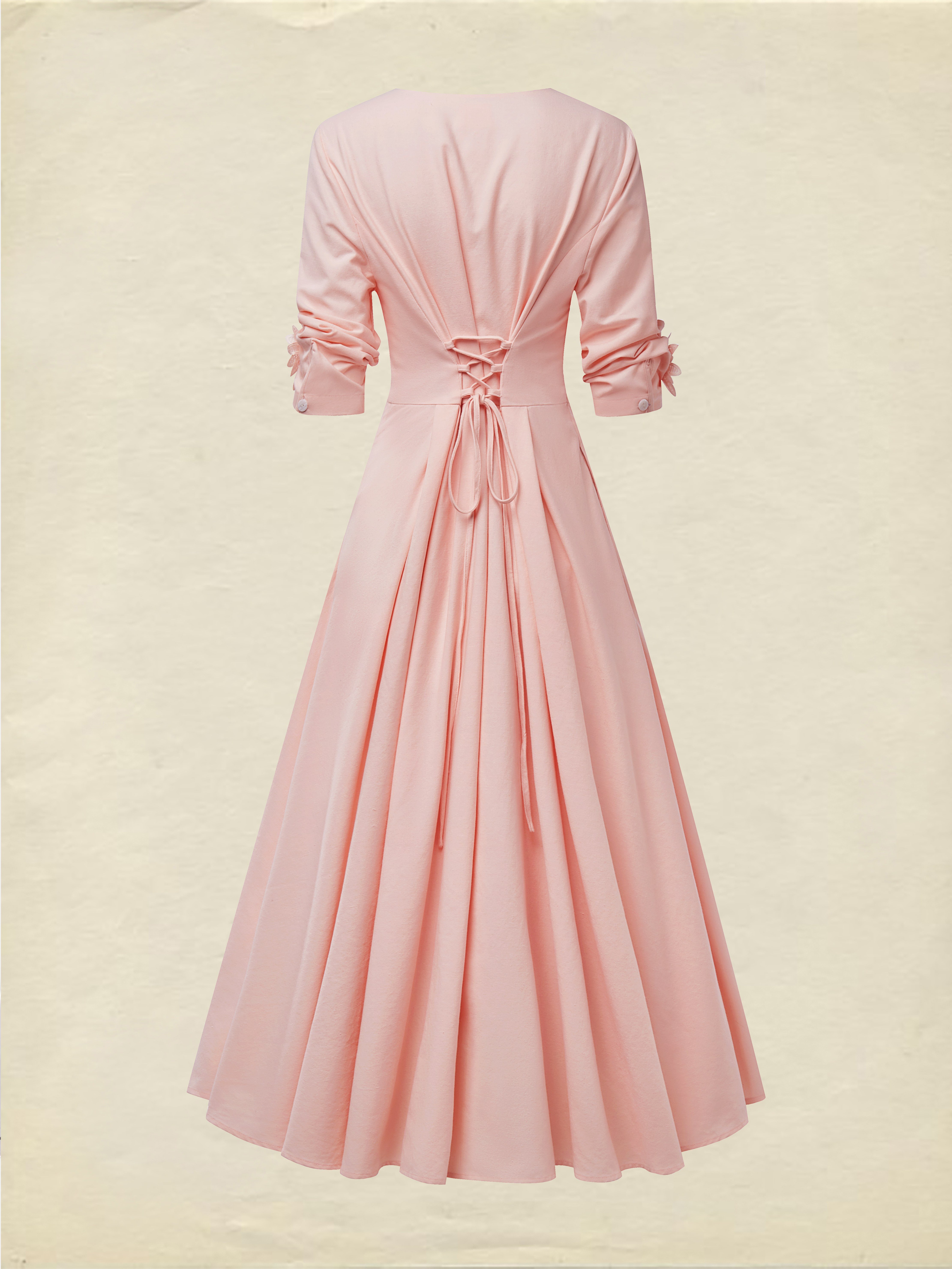 Linen Midi Dress, Three Quarter Sleeve, V neck, Plain, Vintage, Pink - Image 3