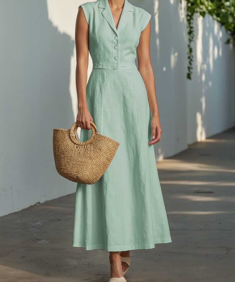 Maxi Cotton Dress , Cap Sleeves, Shawl Collar, Plain, Button Design, Vintage, Light Green