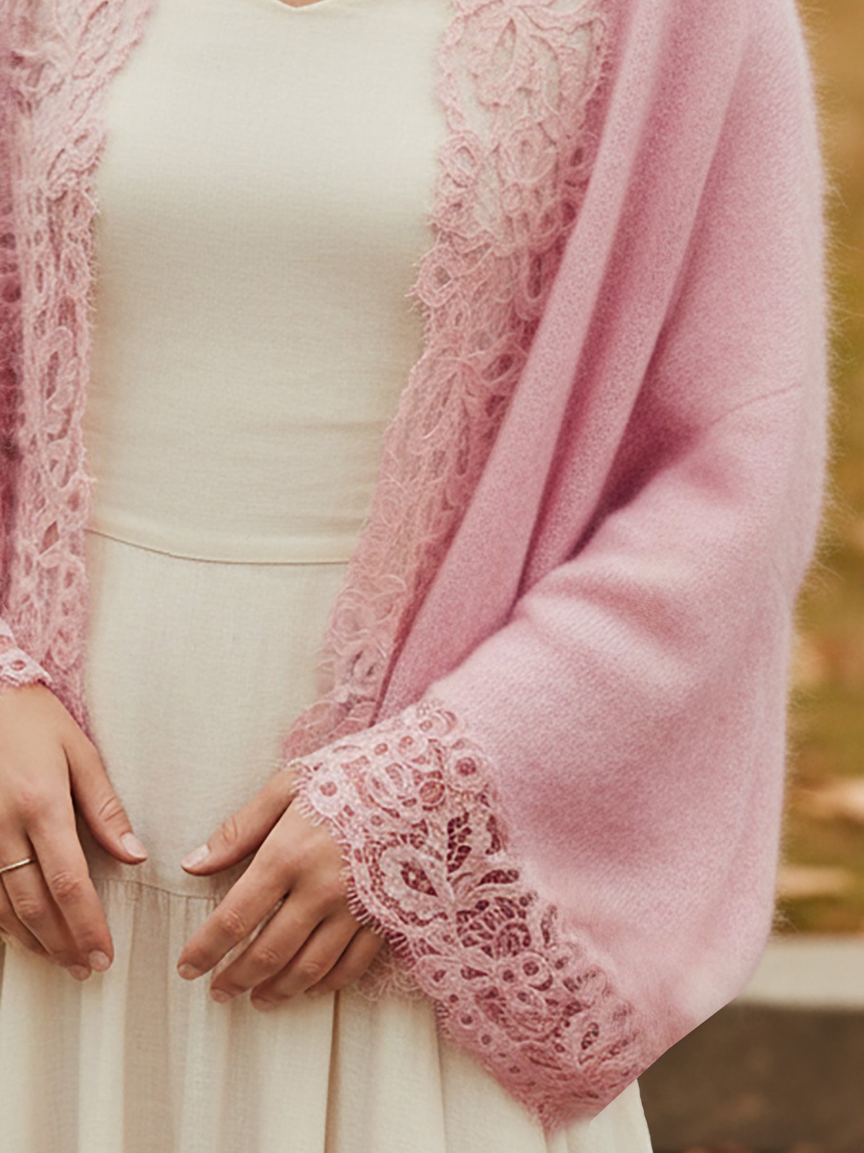 Cardigan (10% Cashmere & 90% Wool), Long Sleeves, V Neck, Plain, Lace, Vintage, Light Pink - Image 3